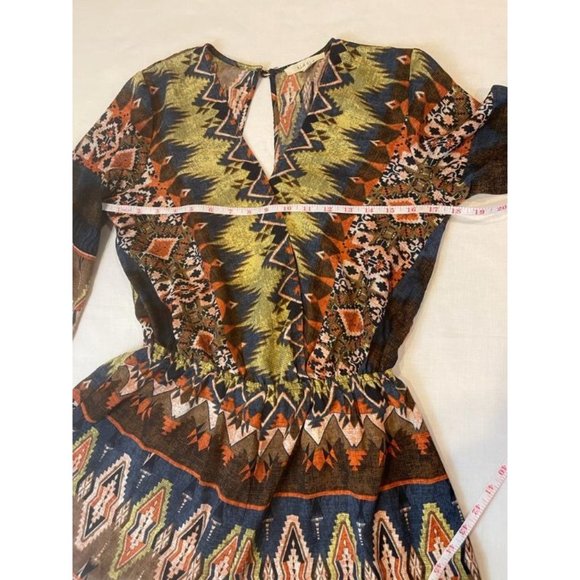 Illa Illa Women Romper Southwest Patterned Crochet Trim Bell Sleeve Brown Large - Picture 3 of 8